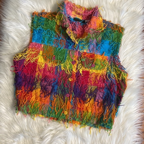 Estefania’s Jackets & Blazers - Estefania’s Multicolor Fringe Button Front Cropped Vest Women's M